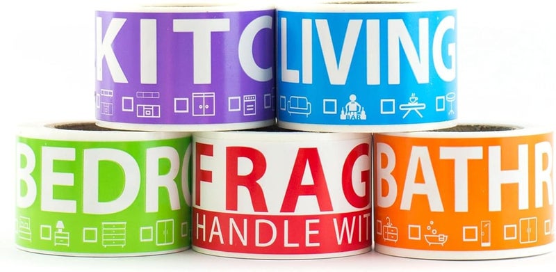 Tapes n More 250 Home Moving Labels for 1 Bedroom — 5 Color-Coded Room Labels (50 Each) + Fragile Stickers for Moving Boxes, Supplies, Wardrobe Boxes, Apartment Moves - Image 1